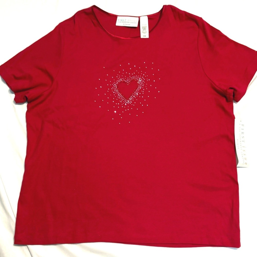 NWT Liz Claiborne First Issue Shirt Women 18W 20W Rhinestone‎ Heart Cotton Red